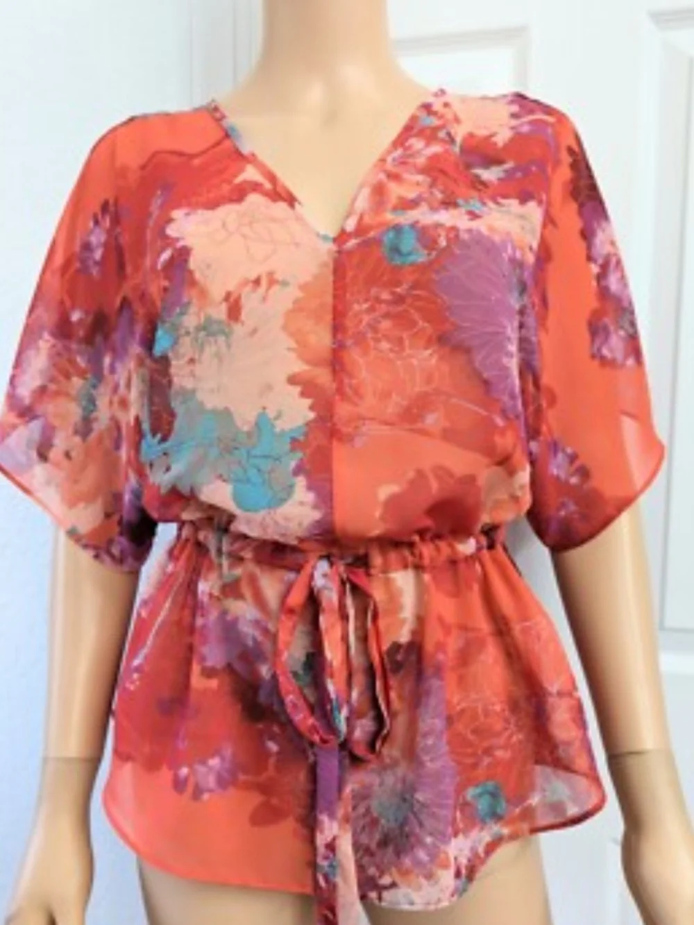 a.n.a Plus Size 2X  Floral Tie-Waist Sheer Blouse in Pink and Coral Kimono Sleev - Picture 3 of 8